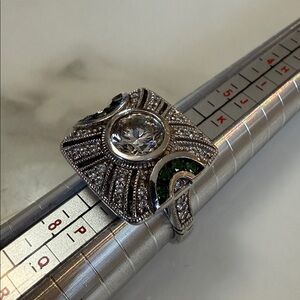 Joseph Esposito art deco silver ring with white and green CZs, size 7